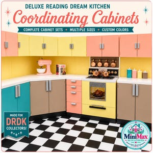 May include: A miniature kitchen set featuring pastel yellow, peach, and teal cabinets with silver handles. The set includes a stove with copper pots, a pink stand mixer, and a black and white checkered floor. Text reads DELUXE READING DREAM KITCHEN.