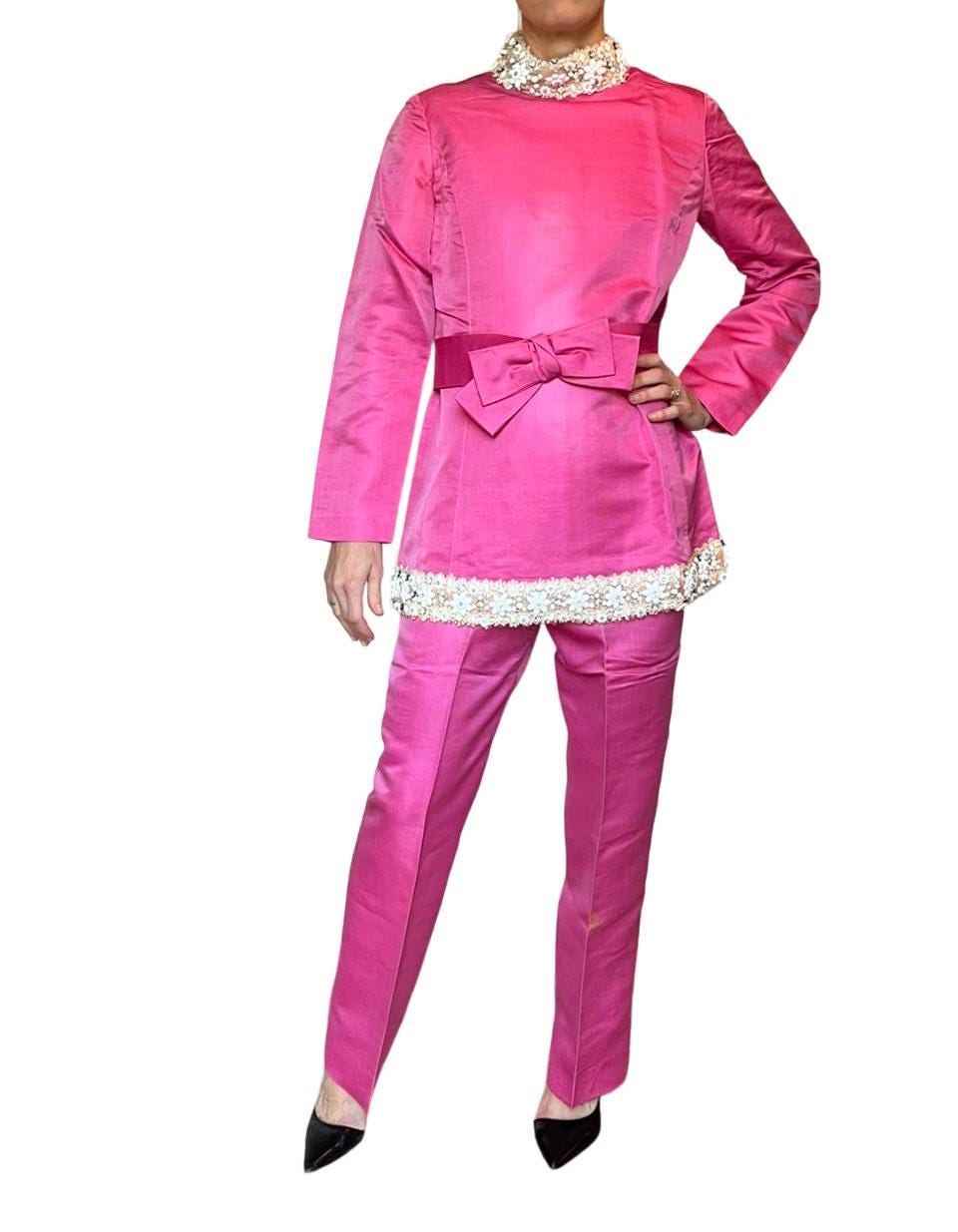 Oscar de La Renta Magenta Silk Hand Beaded Tunic and Trousers | Vintage Couture Designer Pant Suit 1960
