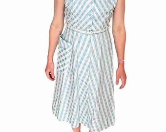 1950er Jahre Karo Kleid: Vintage Blau Kariertes Fit & Flare Kleid mit Gürtel