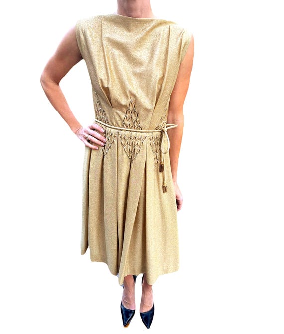 CARLYE Gold Lam Cocktail Dress | Midi Length Evening Party | Vintage 1960s Beaded Crystal Details