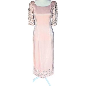 1960s Couture Satin Gown: Pale Pink Metallic Beaded Evening Dress