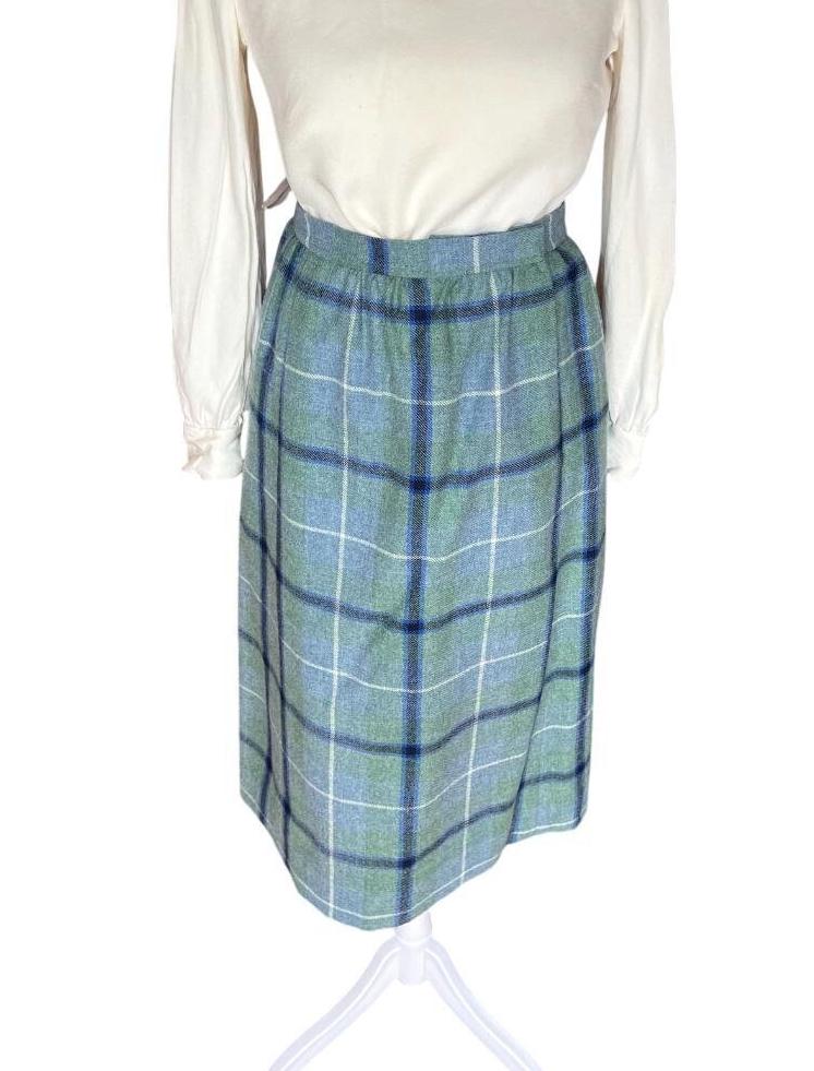 Vintage Glenisla Plaid Wool Skirt: Blue Green Tartan, Made in