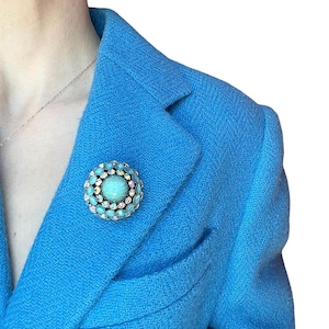 Vintage Teal Rhinestone Brooch: Mid-Century Crystal Pin, Bridal Something Blue