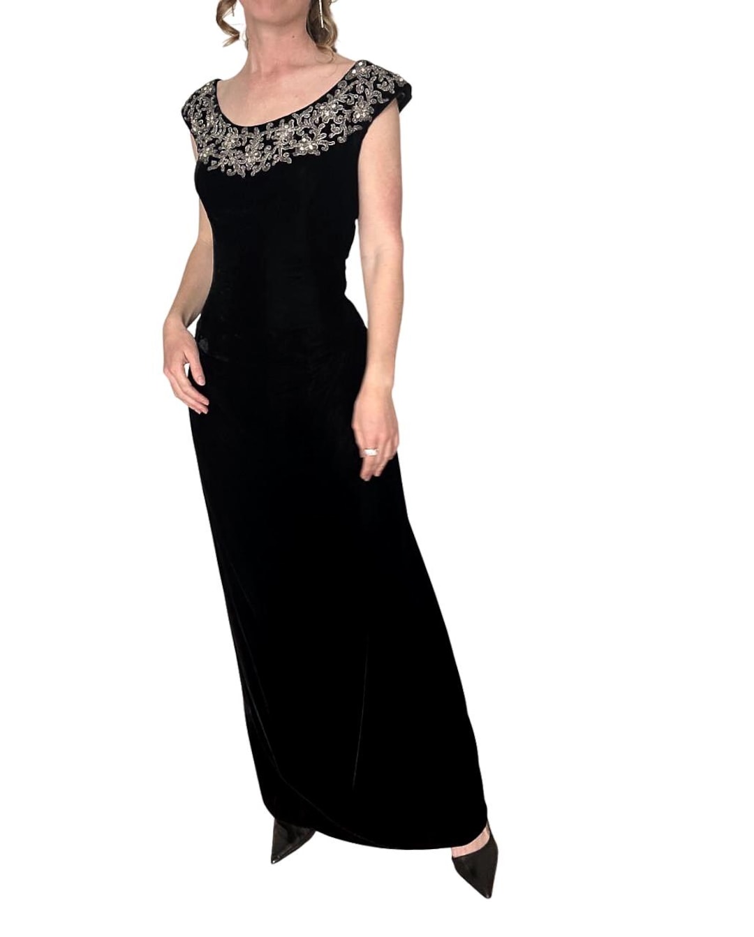 Vintage Black Halter Neck Embroidered Velvet Ruffle Prom Dress Evening Dress cc5059 main image 1