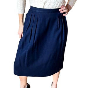 Christian Dior Vintage Navy Wool Pleated Skirt with Pockets and Side Buttons | Midi Mid-Length Classy Pleating Skirt for Office, Holiday