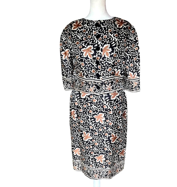 Vintage Silk Leaf Print Dress and Cropped Jacket … - image 1