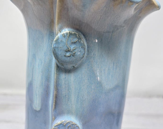 Hand-Built Ceramic Vase, Floral Design with Pie Crust Edge