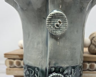 Hand-Built Ceramic Vase, Floral Design with Pie Crust Edge