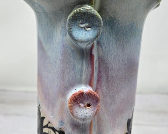 Hand-Built Ceramic Vase, Floral Design with Pie Crust Edge