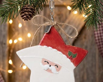 Handmade Ceramic Santa Ornament | Santa Star Christmas Decoration | Rustic Country Holiday Decor | Pottery Gift