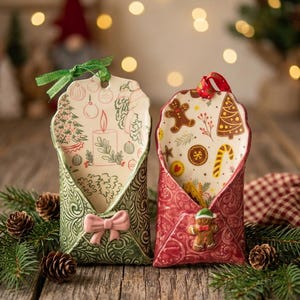 May include: Two ceramic envelope-shaped ornaments. The left one is green with a pink bow and a green ribbon, featuring a candle and tree print. The right one is red with a gingerbread man figure and a red ribbon, featuring a gingerbread and candy cane print.
