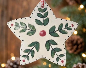 Handmade Ceramic Star Christmas Ornament, Folk Art Holiday Decoration, Rustic Country Christmas Tree Decor