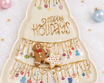Handmade Christmas Tree Ceramic Serving Dish with 14k Gold