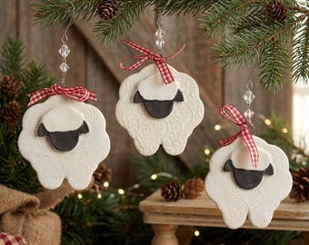 Handmade Ceramic Sheep Ornament | Individually Hand Built Clay | Creamy White Glaze | Farmhouse Christmas Decor