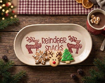 Handmade Reindeer Snacks Christmas Platter | Ceramic Holiday Cookie Plate | Rustic Country Christmas Serving Dish