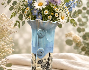 Hand-Built Ceramic Vase, Floral Design with Pie Crust Edge