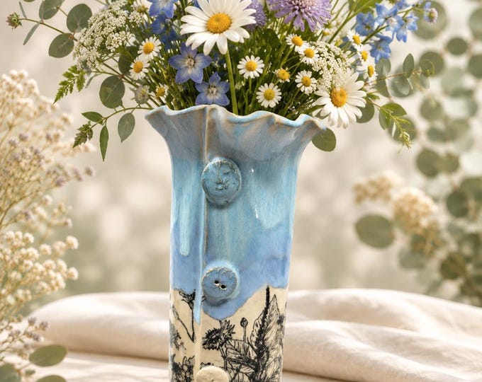 Hand-Built Ceramic Vase, Floral Design with Pie Crust Edge