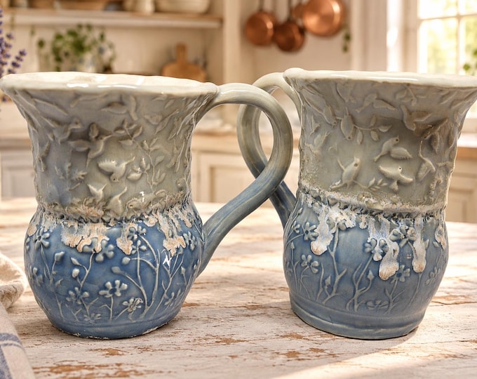 Hand-Built 16 oz Ceramic Mug with Birds & Wildflowers