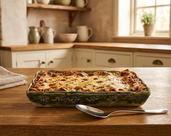 Handmade Ceramic Baking Dish, Green Stoneware Casserole, Floral Pottery bakeware, Rustic Farmhouse Kitchen, 11x7x2 Rectangular