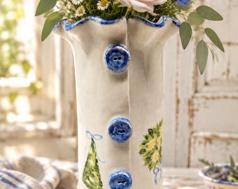 White and Blue Topiary Ceramic Vase