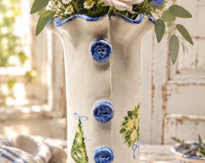 White and Blue Topiary Ceramic Vase
