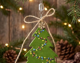 Handmade Ceramic Christmas Tree Ornament, Colorful Christmas Lights, Country Christmas Decor, Rustic Holiday Gift