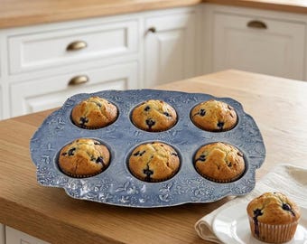 Handmade Ceramic Muffin Pan – 6 Cup Stoneware Muffin Baker – Blue Floral Pottery Bakeware – French Country Kitchen Gift