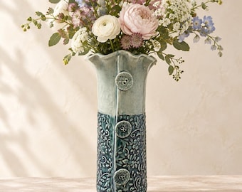 Hand-Built Ceramic Vase, Floral Design with Pie Crust Edge