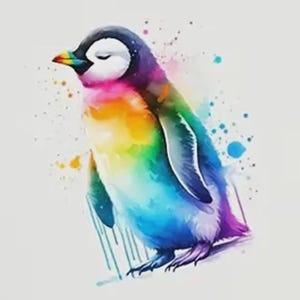 May include: Watercolor illustration of a penguin with a rainbow-colored body and a black head. The penguin is depicted with its eyes closed, and colorful paint splatters surround it on a white background. The artwork is on a square piece of paper.