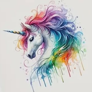 May include: White square fabric with a watercolor illustration of a unicorn. The unicorn has a white body, a rainbow mane and tail, and a golden horn. The artwork features colorful paint drips and splatters.