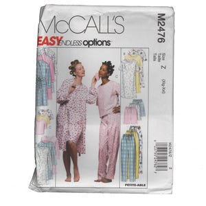 May include: A McCall's M2476 sewing pattern envelope for loungewear, featuring illustrations of pajamas, robes, and nightgowns in various floral and plaid prints. The white paper envelope displays the text EASY ENDLESS OPTIONS and size Z.