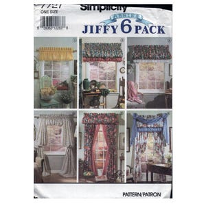 May include: A Simplicity sewing pattern envelope titled Abbie's Jiffy 6 Pack, featuring six distinct window treatment designs. The package displays various curtain styles, including valances and drapes in floral, solid, and patterned fabrics.