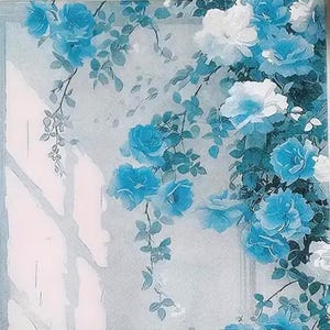 May include: A floral design featuring blue and white roses with green leaves against a light gray background. The roses are in full bloom, with detailed petals and a soft, watercolor-like effect. The image has a romantic and delicate feel.