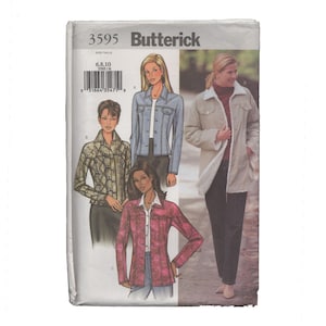 May include: Butterick sewing pattern 3595 featuring illustrations of four different jacket styles. The designs include a light blue denim-style jacket, a patterned jacket, a pink floral print jacket, and a long beige coat with a white faux fur collar.