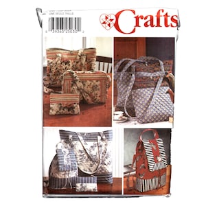May include: A Crafts pattern featuring various bag designs. The bags include a tote, backpack, and shoulder bags, each with unique patterns. The patterns include floral, striped, and quilted designs. The word "Crafts" is displayed in red at the top.