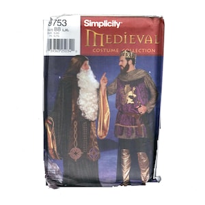 May include: Simplicity Medieval Costume Collection pattern. The package features illustrations of two medieval costumes: a wizard in a black robe with a white beard and a king in a purple tunic and gold accents. The package is on a white background.