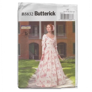 May include: A Butterick sewing pattern, B5832, showing a woman in a floral dress. The dress has long sleeves and a full skirt. The pattern includes sizes 8-10-12-14. The cover has a historical theme. The pattern is for a vintage style dress.
