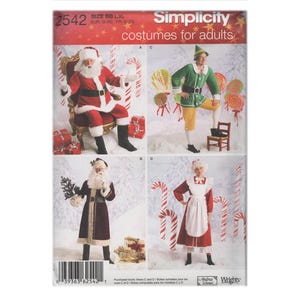 May include: Simplicity costumes for adults pattern featuring Santa Claus, an elf, and Mrs. Claus. The Santa costume includes a red suit with white trim, while the elf wears green and yellow. Mrs. Claus is in a red dress and white apron.