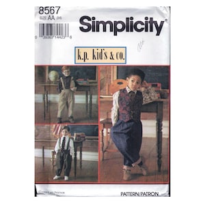 May include: Simplicity sewing pattern 8567 for children's clothing, labeled size AA (3-6). The envelope features illustrations of children wearing vests, trousers, shirts, and ties, with the text k.p. kid's & co. printed on the front cover.