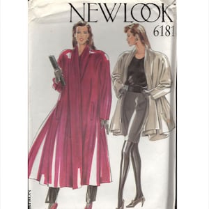 May include: A New Look 6181 sewing pattern envelope featuring illustrations of two outfits. One shows a long, magenta coat over dark trousers and pink heels. The other shows a beige jacket over a black top, black skirt, black tights, and heels.