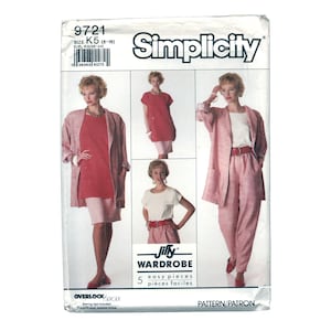 May include: Simplicity sewing pattern 9721 for a Jiffy wardrobe featuring five easy pieces. The envelope displays illustrations of a pink jacket, a red tunic, a white top, a pink skirt, and pink trousers, with size K5 (8-18) printed at the top.
