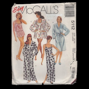 May include: An Easy McCall's 5112 sewing pattern envelope featuring illustrations of sleepwear including a camisole set, a short robe, a long robe, and a long nightgown. The text includes the brand name, pattern number 5112, and size EX-LARGE.