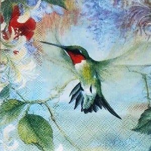 May include: A watercolor painting of a hummingbird in flight with a red throat and green body. The hummingbird is flying near a branch with green leaves and white flowers. The background is a soft blue with hints of purple.