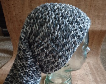 Super Long Blue- Gray Handmade Knit Slouchy Beanie Cap