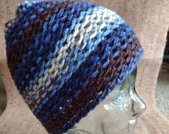 Blue & Brown Striped Handmade Knit Beanie Cap