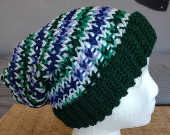 CLEARANCE Green Purple & White Slouchy Oversized Handmade Knit Beanie Cap with Green Cuff
