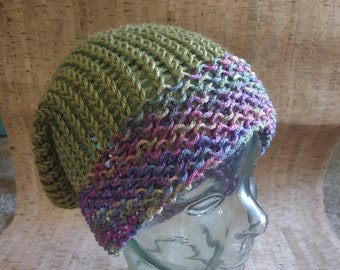 Green Slouchy Beanie Cap with Multicolor Brim