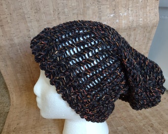Black & Orange Slouchy Oversized Loose Knit Beanie Cap Handmade