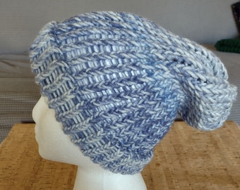 CLEARANCE Blue & White Variegated Slouchy Oversized Knit Beanie Cap Handmade