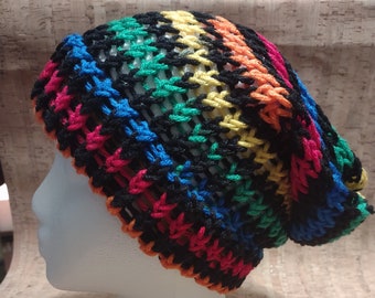 CLEARANCE Rainbow Striped Oversized Slouchy Handmade Loose Knit Beanie Cap